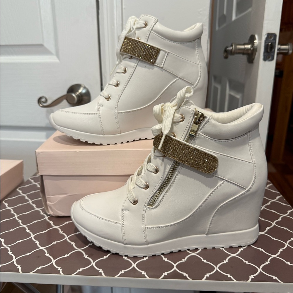 Justfab White and Gold High-Top Wedge Sneakers